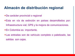 Almacén de distribución regional
 De carácter provincial o regional
 Esta en vía de extinción en países desarrollados por:
 Infraestructura vial, GPS y la mejora de comunicaciones.
 En Colombia es importante.
 Las entradas son de vehículo completo o paletizado, las
 salidas son cajas.
 