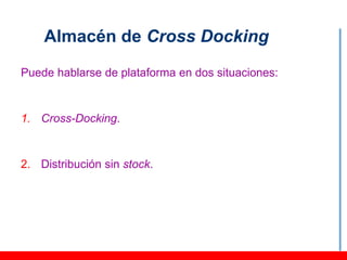 Almacén de Cross Docking
Puede hablarse de plataforma en dos situaciones:


1. Cross-Docking.


2. Distribución sin stock.
 