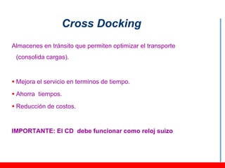 Cross Docking
Almacenes en tránsito que permiten optimizar el transporte
 (consolida cargas).


 Mejora el servicio en terminos de tiempo.
 Ahorra tiempos.
 Reducción de costos.


IMPORTANTE: El CD debe funcionar como reloj suizo
 