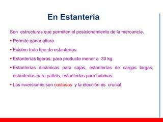 En Estantería
Son estructuras que permiten el posicionamiento de la mercancía.
 Permite ganar altura.
 Existen todo tipo de estanterías.
 Estanterías ligeras: para producto menor a 30 kg.
 Estanterías dinámicas para cajas, estanterías de cargas largas,
 estanterías para pallets, estanterías para bobinas.
 Las inversiones son costosas y la elección es crucial.
 