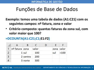 INFORMÁTICA DE GESTÃO
DEPARTAMENTO DE CIÊNCIAS E TECNOLOGIAS DA INFORMAÇÃO 11
Funções de Base de Dados
Exemplo: temos uma tabela de dados (A1:C21) com os
seguintes campos: nº fatura, zona e valor
• Critério composto: quantas faturas da zona sul, com
valor maior que 100?
=DCOUNTA(A1:C21;C1;E1:F2)
 