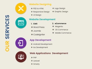 OURSERVICES
Website Designing
Website Development
App Development
Web Applications Development
 PSD to HTML
 Responsive Design
 UI Design
 Logo Design
 Graphic Design
 Android Development
 ios Development
 PHP
 Laravel
 Smarty
1. CMS
 Word Press
 Joomla
 Codeigniter
2. eCommerce
 Magento
 OS Commerce
 Mobile Commerce
 