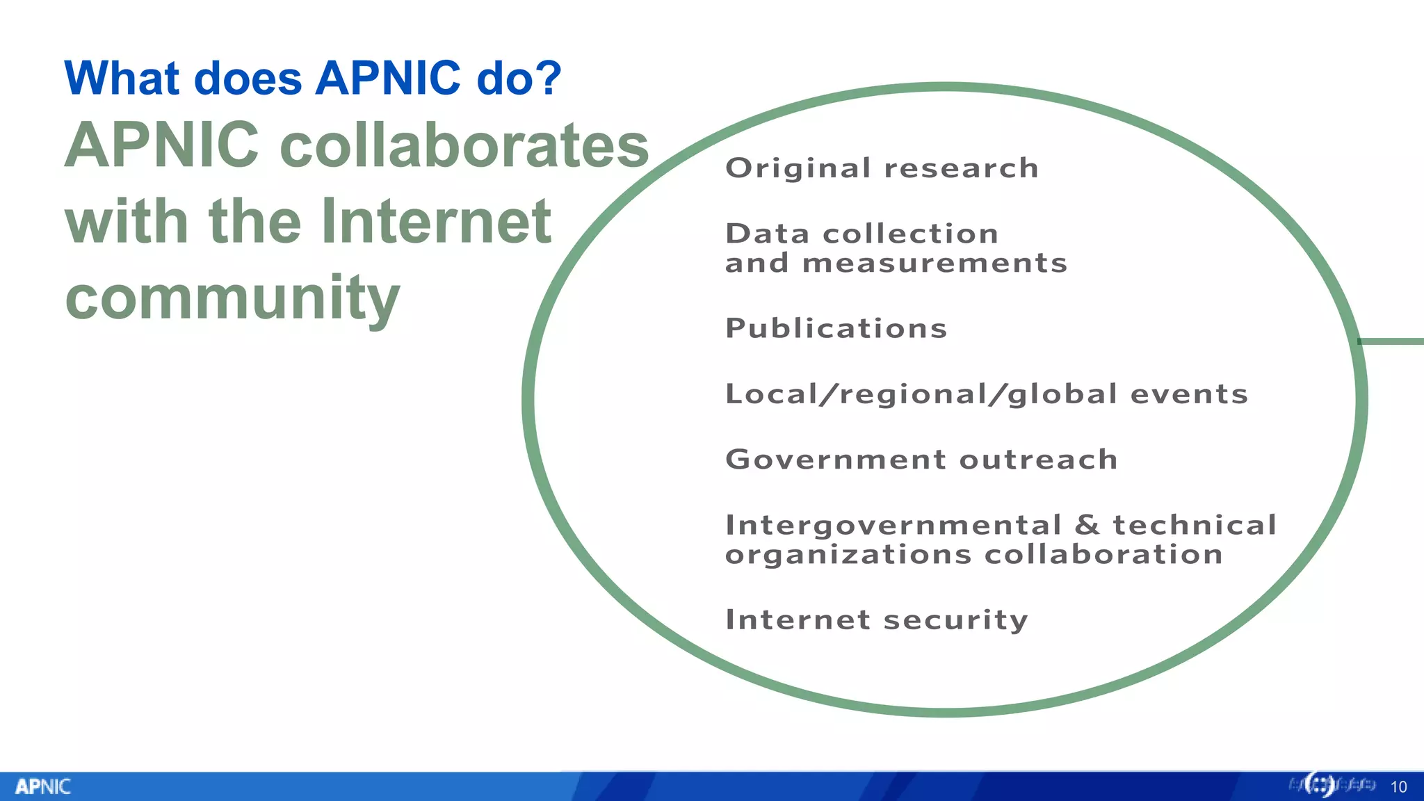 10
What does APNIC do?
APNIC collaborates
with the Internet
community
 
