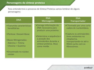 Para entendermos o processo de Síntese Proteica vamos lembrar de alguns
personagens:
Personagens da síntese proteica
DNA
•Transmite características
hereditárias.
•Pentose: Desoxirribose
•Bases Nitrogenadas:
Adenina = Timina
Citosina = Guanina
•Encontrado no núcleo
celular.
RNA
Mensageiro
•Carrega informação do
DNA necessária para
produzir uma proteína.
•Determina a sequência e
a posição dos
aminoácidos durante a
síntese proteica. Atua
como molde.
RNA
Transportador
•É formado por uma curta
cadeia de nucleotídeos.
•Captura os aminoácidos
livres existentes no
citoplasma,
transportando-os até o
RNAm junto com os
Ribossomos.
 