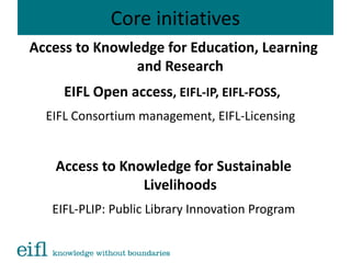 Core initiatives
Access to Knowledge for Education, Learning
and Research
EIFL Open access, EIFL-IP, EIFL-FOSS,
EIFL Consortium management, EIFL-Licensing
Access to Knowledge for Sustainable
Livelihoods
EIFL-PLIP: Public Library Innovation Program
 