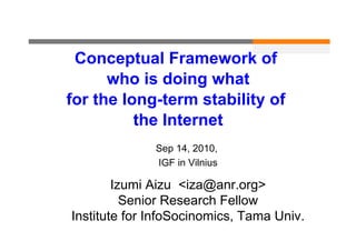 Conceptual Framework of
who is doing what
for the long-term stability of
the Internet
Sep 14, 2010,
IGF in Vilnius
Izumi Aizu <iza@anr.org>
Senior Research Fellow
Institute for InfoSocinomics, Tama Univ.
 