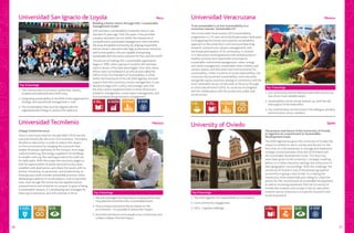 20 21
Building a better future through USIL´s sustainable
management model
USIL has been a sustainability institution since it was
founded 25 years ago. Over the years, it has provided
a quality education service within the framework of
comprehensive sustainable management, which benefits
the local and global community by shaping responsible,
ethical citizens, educated with high professional, technical
and human quality, who are capable of proposing
sustainable and innovative solutions for Peru and the world.
The process of making USIL a sustainable organization
began in 1996, when a group of students did volunteer
work in favour of the least advantaged. Over time, these
efforts were consolidated in an official area called the
Office of the Vice President of Sustainability. In 2016,
within the framework of the UN 2030 Agenda, and with
support from the university’s senior management, it was
decided to align USIL´s policy and strategic plan with
the SDGs and to implement them in three dimensions:
academic management, social impact management, and
environmental and governance management.
The present and future of the University of Oviedo
in regard to its commitment to Sustainable
Development Goals
The 2030 Agenda has given the University of Oviedo the
chance to rethink its role in society and has led, for the
first time, to a full awareness to manage and implement
strategic actions between 2016 and 2019 linked with
the Sustainable Development Goals. This focus has
never been given to the University´s strategic roadmap
before, or in other education settings and institutions in
their geographic/ surroundings. With this challenge, the
University of Oviedo is one of the pioneering Spanish
universities in going a step further. It is making the
community more responsible and calling for collective
actions for the commitment of sustainable development,
as well as increasing awareness that the University of
Oviedo has multiple roles to play in this (in education,
research and as institutions in a specific economic and
social ecosystem).
¡Happy Greenniversary!
Since it was known that the decade 2000-2010 was the
one with historically the most CO2 emissions, Tecmilenio
decided to take action in order to reduce this impact
on the environment by changing the resources that
enable the proper operation of the Campus, from large
scale activities e.g. the energy supplied to its buildings,
to smaller ones e.g. the cleaning products the staff use
for daily tasks. With this scope, the university began to
look for opportunities of waste removal in every area,
establish with alternatives, and share the results with its
brother University, its personnel, and student body, so
these groups could consider sustainable practices when
developing academic or social projects, such as personal
ones. Even though the University has applied several
measurements and initiatives to conquer its goal of being
a sustainable Campus, it is developing new strategies for
reducing its emissions, and will continue to do so.
To be sustainable is to live sustainability in a
conscious manner: Sustainable UV
The Universidad Veracruzana’s (UV) sustainability
programme is a 10-year old institutional project dedicated
to integrating the human and systemic sustainability
approach to the university’s core functions (teaching,
research, outreach and campus management) with
the broad participation of its community. It consists
in 5 interwoven working themes with several projects:
healthy nutrition and responsible consumption;
sustainable institutional management; water, energy
and waste management; sustainable urban mobility and
campus spaces; and education and communication for
sustainability. Under a scheme of social responsibility, the
university has promoted sustainability, interculturality
and gender equity practices among its community and the
most vulnerable sectors of the state of Veracruz through
its intercultural branch (UVI), its social service brigades
and the collaboration with the productive, public and
social sectors.
Universidad San Ignacio de Loyola
University of OviedoUniversidad Tecmilenio
Universidad Veracruzana
1.	The commitment of university authorities, faculty,
students and administrative staff is key.
2.	Integrating sustainability in the DNA of the organisation’s
strategic and operational management is vital.
3.	The Sustainability Plan must be aligned with the
organisational strategy to achieve the objective.
Top 3 learnings
1.	The 2030 Agenda: Our responsibility as a university.
2.	Local community engagement.
3.	SDGs - A global challenge.
Top 3 learnings
1.	We acknowledged the importance of job positions that
may lead the institution into a sustainable future.
2.	Every product and action has an impact on the
environment - it is possible to reduce this impact.
3.	Activities introduces more people of our community and
creates a deeper bond among us.
Top 3 learnings
1.	Our community and the alliances with other sectors are
two of our most valuable assets.
2.	Sustainability is built mostly bottom-up, with the will
and support of the head office.
3.	Our achievements are the result of the dialogue, plurality
and innovation of our members.
Top 3 learnings
Peru
Mexico Spain
Mexico
 