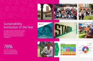 Sustainability
Institution of the Year
This category recognises sustained, whole-institution
commitment and impact to becoming a sustainable
organisation. Four main areas must be achieved:
Leadership and Governance; Estates and Operations;
Learning, Teaching and Research and Partnership
and Engagement.
78%of the finalist institutions in this
category chose Quality Education
as one of their project’s top 4 SDGs
16 17
Strategy Map
EDUCATING FOR
SUSTAINABLE  INCLUSIVE
DEVELOPMENT
EDUCATING FOR
EQUITY  JUSTICE
Embracing Our
Shared Humanity
 Championing
Social Inclusion
and Justice
Initiatives
Driving Social
Innovation in
Quality
Education
Creating
Sustainable
Futures
Engaging Diverse
Stakeholders
in Our Shared
Mission
PEOPLE POLICY PLATFORM
FINANCE
Conﬁdence
in Our Faith
Conviction in Our
Communion in Mission
Competence
in Our Service
Inspired by our faith in God, by our Catholic traditions, and by the charism of St. John Baptist De La Salle,
educational innovator par excellence, we, together and by association, are committed to give quality
human and Christian education to all, building a society founded on equity  justice,
and on sustainable  inclusive development.
MISSION - VISION
STRATEGIC
INTENTS
VALUES
STRATEGIC
DIRECTIONS
CORE
PROCESS1962 J.P. Laurel Hwy.
Lipa City, Batangas,
Philippines 4217
www.dlsl.edu.ph
2.0
Unleashing Possibilities
 