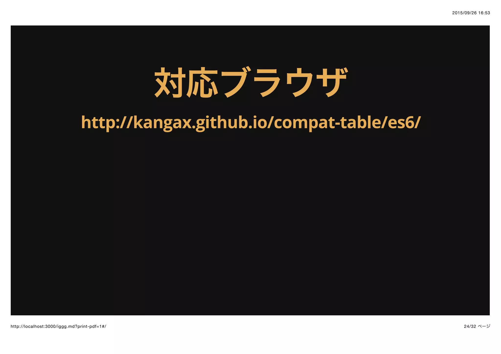 2015/09/26 16:53
24/32 ページhttp://localhost:3000/iggg.md?print-pdf=1#/
対応ブラウザ対応ブラウザ
http://kangax.github.io/compat-table/es6/
 