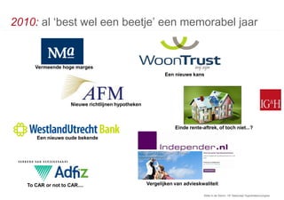 2010: al ‘best wel een beetje’ een memorabel jaar


      Vermeende hoge marges
                                                            Een nieuwe kans




                     Nieuwe richtlijnen hypotheken



                                                                 Einde rente-aftrek, of toch niet...?

       Een nieuwe oude bekende




   To CAR or not to CAR....                          Vergelijken van advieskwaliteit

                                                                              Stilte in de Storm: 15e Nationaal Hypothekencongres
 