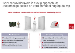 Serviceprovidersveld is stevig opgeschud;
 toekomstige positie en verdienmodel nog op de wip

         Welke activiteiten creëren duurzaam businessmodel in toekomstige markt?




           Mid-office diensten                               Intermediairondersteuning

 Traditionele bron toegevoegde waarde                 Groeiende behoefte bij intermediair aan
 Hoge volumes randvoorwaardelijk                       brede ondersteuning
 Marges sterk onder druk                              Groeiende kwaliteitsfocus aanbieders
 Efficiency-inhaalslag aanbieders                     Voldoende grip op kantoren essentieel
                                                       Op zoek naar exclusievere samenwerking


                                                                          Stilte in de Storm: 15e Nationaal Hypothekencongres
 