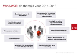 Vooruitblik: de thema’s voor 2011-2013

                                             Zeer geleidelijke verbetering
               Structurele druk op de
                                               consumentenvertrouwen
                     bankbalans
                                                    in woningmarkt


                                                               Gematigde terugkeer
     Absolute dominantie                                        prijsconcurrentie &
     bankspaarproducten                                          nieuwe toetreders




Opbouwen en aflossen                                               Een provisieloze wereld?




                                                              Sterke sturing/selectie op
      Vereenvoudiging
                                                              kwaliteit distributiepartners



               Verbinden van compliance &      Klantbeoordelingen factor
                 service/klanttevredenheid             van belang



                                                                             Stilte in de Storm: 15e Nationaal Hypothekencongres
 