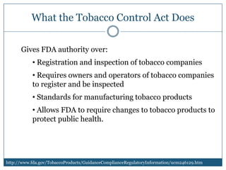 What the Tobacco Control Act Does

      Gives FDA authority over:
           • Registration and inspection of tobacco companies
           • Requires owners and operators of tobacco companies
           to register and be inspected
           • Standards for manufacturing tobacco products
           • Allows FDA to require changes to tobacco products to
           protect public health.




http://www.fda.gov/TobaccoProducts/GuidanceComplianceRegulatoryInformation/ucm246129.htm
 
