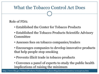 What the Tobacco Control Act Does

      Role of FDA:
           • Established the Center for Tobacco Products
           • Established the Tobacco Products Scientific Advisory
           Committee
           • Assesses fees on tobacco companies/traders
           • Encourages companies to develop innovative products
           that help people stop smoking
           • Prevents illicit trade in tobacco products
           • Convenes a panel of experts to study the public health
           implications of raising the minimum
http://www.fda.gov/TobaccoProducts/GuidanceComplianceRegulatoryInformation/ucm246129.htm
 