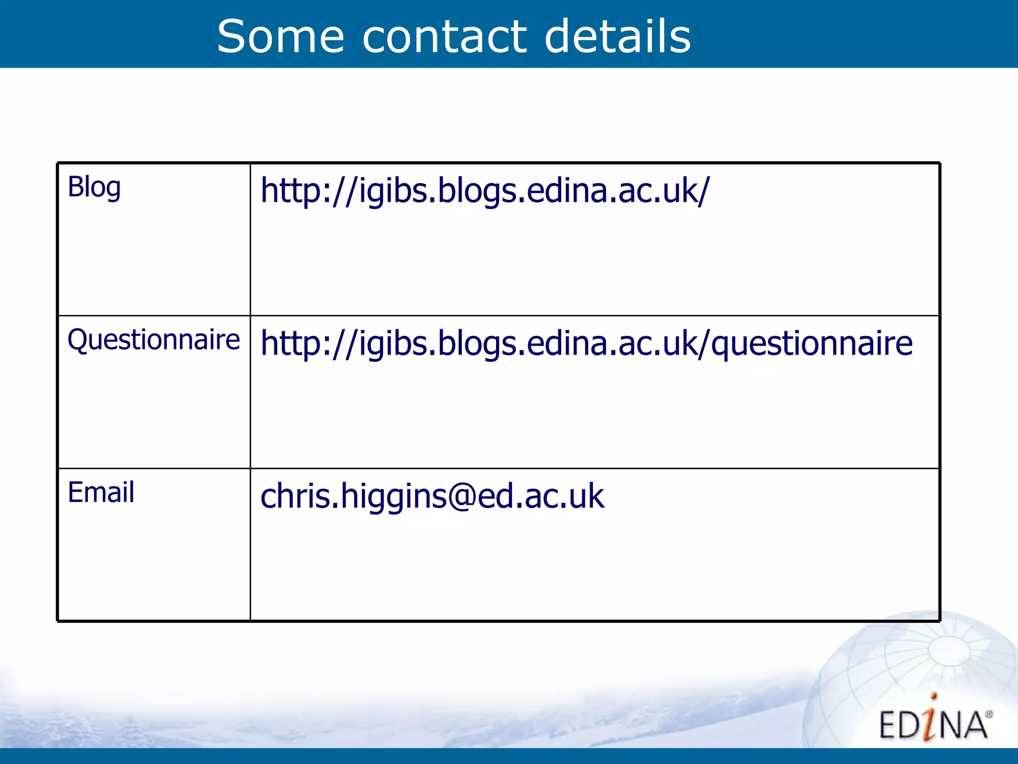 Some contact details [email_address] Email http://igibs.blogs.edina.ac.uk/questionnaire Questionnaire http://igibs.blogs.edina.ac.uk/ Blog 