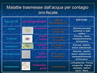 ToxoplasmaToxoplasma
gondiigondii
Linfoadenite. FormaLinfoadenite. Forma
congenita: ritardocongenita: ritardo
mentale, deficitmentale, deficit
visivi; itterovisivi; ittero
CosmopolitaCosmopolitaToxoplasmosiToxoplasmosi
Crypto-Crypto-
sporidiumsporidium
Diarrea, vomitoDiarrea, vomito
dolori addominali,dolori addominali,
malassorbimentomalassorbimento
alimentarealimentare
Zone calde eZone calde e
temperatetemperate
CriptosporidiosCriptosporidios
ii
IsosporaIsospora
bellibelli
Diarrea, febbre,Diarrea, febbre,
dolori addominalidolori addominali
Sud America,Sud America,
TropiciTropici
IsosporiasiIsosporiasi
GiardiaGiardia
lamblialamblia
Diarrea, ittero,Diarrea, ittero,
malassorbimentomalassorbimento
alimentarealimentare
Zone calde eZone calde e
temperatetemperate
GiardiasiGiardiasi
EntoamebaEntoameba Diarrea,ascessiDiarrea,ascessi
profondi e statiprofondi e stati
setticisettici
Zone calde eZone calde e
temperatetemperate
AmebaAmeba
SINTOMISINTOMIAREAAREA
GEOGRAFICAGEOGRAFICA
MICRORGANISMOMICRORGANISMOMALATTIAMALATTIA
Malattie trasmesse dall’acqua per contagioMalattie trasmesse dall’acqua per contagio
oro-fecaleoro-fecale
 
