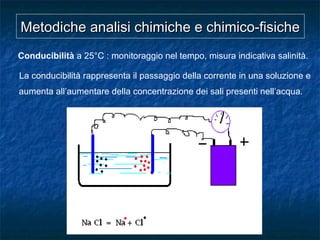 Metodiche analisi chimiche e chimico-fisicheMetodiche analisi chimiche e chimico-fisiche
La conducibilità rappresenta il passaggio della corrente in una soluzione e
aumenta all’aumentare della concentrazione dei sali presenti nell’acqua.
Conducibilità a 25°C : monitoraggio nel tempo, misura indicativa salinità.
 