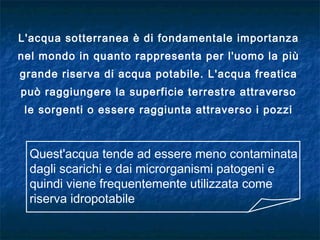 L'acqua sotterranea è di fondamentale importanza
nel mondo in quanto rappresenta per l'uomo la più
grande riserva di acqua potabile. L'acqua freatica
può raggiungere la superficie terrestre attraverso
le sorgenti o essere raggiunta attraverso i pozzi
Quest'acqua tende ad essere meno contaminata
dagli scarichi e dai microrganismi patogeni e
quindi viene frequentemente utilizzata come
riserva idropotabile
 