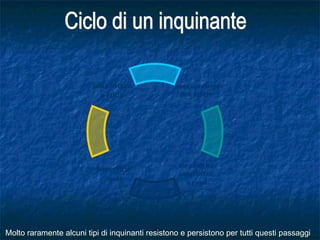 Superficie
suolo
corpi idrici
superficiali
o pozzi
zona satura
o falda-
zona aereazione
non satura-
Molto raramente alcuni tipi di inquinanti resistono e persistono per tutti questi passaggi
 