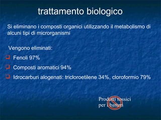 Si eliminano i composti organici utilizzando il metabolismo di
alcuni tipi di microrganismi
Prodotti tossici
per i batteri
Vengono eliminati:
 Fenoli 97%
 Composti aromatici 94%
 Idrocarburi alogenati: tricloroetilene 34%, cloroformio 79%
 