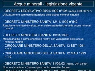 Acque minerali - legislazione vigenteAcque minerali - legislazione vigente
- DECRETO LEGISLATIVO 25/01/1992 n°105 (recep. DIR 80/777)
Utilizzazione e commercializzazione delle acque minerali naturali
- DECRETO MINISTERO SANITA’ 12/11/1992 n°542
Regolamento criteri di valutazione delle caratteristiche delle acque minerali
naturali
- DECRETO MINISTERO SANITA’ 13/01/1993
Metodi analitici e campionamento relativi alla valutazione delle acque
minerali naturali
- CIRCOLARE MINISTERO DELLA SANITA’ 13 SET 1991
n°17
- CIRCOLARE MINISTERO DELLA SANITA’ 12 MAG 1993
n°19
- DECRETO MINISTERO SANITA’ 11/09/03 (recep. DIR 03/40)
Norme etichettatura (nuove operazioni consentite, fluoro)
 