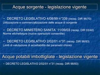 Acque sorgente - legislazione vigenteAcque sorgente - legislazione vigente
– DECRETO LEGISLATIVO 4/08/99 n°339 (recep. DIR 96/70)
Utilizzazione e commercializzazione delle acque di sorgente
– DECRETO MINISTERO SANITA’ 11/09/03 (recep. DIR 03/40)
Norme etichettatura (nuove operazioni consentite)
– DECRETO LEGISLATIVO 2/02/01 n°31 (recep. DIR 98/83)
Limiti di valutazione di accettabilità dei parametri chimici
– DECRETO LEGISLATIVO 2/02/01 n°31 (recep. DIR 98/83)
Acque potabili imbottigliate - legislazione vigenteAcque potabili imbottigliate - legislazione vigente
 