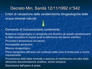 Decreto Min. Sanità 12/11/1992 n°542Decreto Min. Sanità 12/11/1992 n°542
-- Criteri di valutazione delle caratteristiche idrogeologiche delle
acque minerali naturali
- Domanda di riconoscimento contenente:
Relazione idrogeologica e cartografia che illustrino gli aspetti caratterizzanti
la falda acquifera di origine quali la definizione del bacino imbrifero
Piovosità e temperatura nel bacino
Permeabilità del terreno
Bilancio idrogeologico
Piano topografico dell’area con evidenza delle zone di protezione a rischio
inquinamento
Provenienza della falda minerale e assenza di interferenze con altre falde
attraverso documentazione analitica, anche isotopica
Descrizione dell’opera di presa
 