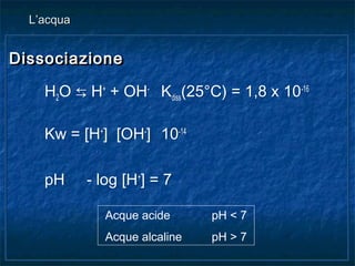 DissociazioneDissociazione
H2O ⇆ H+
+ OH-
Kdiss(25°C) = 1,8 x 10-16
Kw = [H+
] [OH-
] 10-14
pH - log [H+
] = 7
DissociazioneDissociazione
H2O ⇆ H+
+ OH-
Kdiss(25°C) = 1,8 x 10-16
Kw = [H+
] [OH-
] 10-14
pH - log [H+
] = 7
L’acquaL’acqua
Acque acide pH < 7
Acque alcaline pH > 7
 