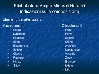 Elementi caratterizzanti
Macroelementi Oligoelementi
– Calcio - Ferro
– Magnesio - Rame
– Potassio - Selenio
– Sodio - Cromo
– Bicarbonato - Arsenico
– Solfato - Manganese
– Cloruro - Vanadio
– Fluoruro - Zinco
– Nitrato - Bromuro
– Silice - Ioduro
- Litio
Etichettatura Acque Minerali Naturali
(Indicazioni sulla composizione)
 