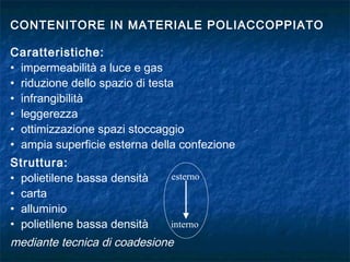 CONTENITORE IN MATERIALE POLIACCOPPIATO
Caratteristiche:
• impermeabilità a luce e gas
• riduzione dello spazio di testa
• infrangibilità
• leggerezza
• ottimizzazione spazi stoccaggio
• ampia superficie esterna della confezione
Struttura:
• polietilene bassa densità
• carta
• alluminio
• polietilene bassa densità
mediante tecnica di coadesione
esterno
interno
 