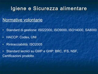 Igiene e Sicurezza alimentareIgiene e Sicurezza alimentare
Normative volontarie
• Standard di gestione: IS022000, ISO9000, ISO14000, SA8000
• HACCP: Codex, UNI
• Rintracciabilità: ISO2005
• Standard tecnici su GMP e GHP: BRC, IFS, NSF,
Certificazioni prodotto
 