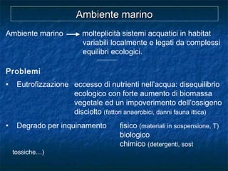 Ambiente marino molteplicità sistemi acquatici in habitat
variabili localmente e legati da complessi
equilibri ecologici.
-------------------
Problemi
• Eutrofizzazione eccesso di nutrienti nell’acqua: disequilibrio
ecologico con forte aumento di biomassa
vegetale ed un impoverimento dell’ossigeno
disciolto (fattori anaerobici, danni fauna ittica)
• Degrado per inquinamento fisico (materiali in sospensione, T)
biologico
chimico (detergenti, sost
tossiche…)
Ambiente marinoAmbiente marino
 