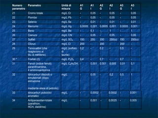 Numero
parametro
Parametro Unità di
misura
A1
G
A1
I
A2
G
A2
I
A3
G
A3
I
21 Cromo totale mg/L Cr - 0,05 - 0,05 - 0,05
22 Piombo mg/L Pb - 0,05 - 0,05 - 0,05
23 Selenio mg/L Se - 0,01 - 0,01 - 0,01
24 Mercurio mg/L Hg 0,0005 0,001 0,0005 0,001 0,0005 0,001
25 Bario mg/L Ba - 0,1 - 1 - 1
26 Cianuro mg/L CN - 0,05 - 0,05 - 0,05
27 Solfati mg/L SO4 150 250 150 250(o) 150 250(o)
28 Cloruri mg/L Cl 200 - 200 - 200 -
29 Tensioattivi (che
reagiscono al
blu di metilene)
mg/L (solfato
di
laurile)
0,2 - 0,2 - 0,5 -
30 * Fosfati (2) mg/L P2O5 0,4 - 0,7 - 0,7 -
31 Fenoli (indice fenoli)
paranitroanilina,
4 amminoantipirina
mg/L C6H5OH - 0,001 0,001 0,005 0,01 0,1
32 Idrocarburi disciolti o
emulsionati (dopo
estrazione
mediante etere di petrolio)
mg/L - 0,05 - 0,2 0,5 1
33 Idrocarburi policiclici
aromatici
mg/L - 0,0002 - 0,0002 - 0,001
34 Antiparassitari-totale
(parathion,
HCH, dieldrine)
mg/L - 0,001 - 0,0025 - 0,005
 