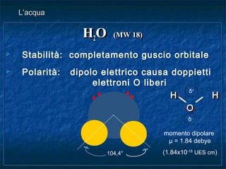 HH22OO (MW 18)(MW 18)
 Stabilità: completamento guscio orbitale
 Polarità: dipolo elettrico causa doppietti
elettroni O liberi
H HH H
OO
HH22OO (MW 18)(MW 18)
 Stabilità: completamento guscio orbitale
 Polarità: dipolo elettrico causa doppietti
elettroni O liberi
H HH H
OO
L’acquaL’acqua
104,4°
δ-
δ+
momento dipolare
µ = 1.84 debye
(1.84x10-18
UES cm)
 