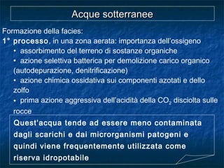 Formazione della facies:
1° processo, in una zona aerata: importanza dell’ossigeno
• assorbimento del terreno di sostanze organiche
• azione selettiva batterica per demolizione carico organico
(autodepurazione, denitrificazione)
• azione chimica ossidativa sui componenti azotati e dello
zolfo
• prima azione aggressiva dell’acidità della CO2 disciolta sulle
rocce
Quest'acqua tende ad essere meno contaminata
dagli scarichi e dai microrganismi patogeni e
quindi viene frequentemente utilizzata come
riserva idropotabile
Acque sotterraneeAcque sotterranee
 