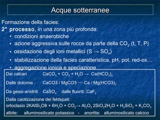 Formazione della facies:
2° processo, in una zona più profonda:
• condizioni anaerobiche
• azione aggressiva sulle rocce da parte della CO2 (t, T, P)
• ossidazione degli ioni metallici (S → SO4)
• stabilizzazione della facies caratteristica, pH, pot. red-ox…
• aggregazione ionica e speciazione
Acque sotterraneeAcque sotterranee
Dai calcari CaCO3 + CO2 + H2O → Ca(HCO3)2
Dalle dolomie CaCO3 / MgCO3 ···· Ca / Mg(HCO3)2
Da gessi-anidriti CaSO4 dalle fluoriti CaF2
Dalla caolizzazione dei feldspati:
ortoclasio 2KAlSi3O8 + 6H2O + CO2→ Al2O3 2SiO22H2O + H2SiO3 + K2CO3
albite: alluminosilicato potassico - anortite: alluminosilicato calcico
 