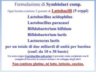 Formulazione di Symbiolact comp.
Ogni bustina contiene 2 grammi di Lattobacilli (5 ceppi)
Lactobacillus acidophilus
Lactobacillus paracasei
Bifidobacterium bifidum
Bifidobacterium lactis
Lactococcus lactis
per un totale di due miliardi di unità per bustina
(conf. da 10 o 30 buste)
Un sesto ceppo (Lactobacillus salivarius) è presente come eccipiente con il
compito di favorire la conservazione e lo sviluppo degli altri.
Non contiene glutine, né latte, lattosio, caseina.
 
