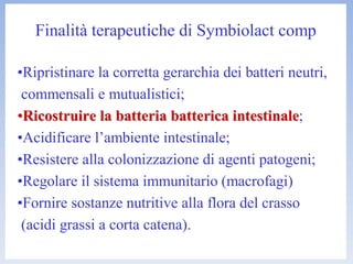 Finalità terapeutiche di Symbiolact comp
•Ripristinare la corretta gerarchia dei batteri neutri,
commensali e mutualistici;
••Ricostruire la batteria batterica intestinaleRicostruire la batteria batterica intestinale;
•Acidificare l’ambiente intestinale;
•Resistere alla colonizzazione di agenti patogeni;
•Regolare il sistema immunitario (macrofagi)
•Fornire sostanze nutritive alla flora del crasso
(acidi grassi a corta catena).
 