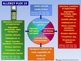 Lievito naturale
Lievito di birra
Diluizioni: D10, D12, D15,
D18, D20, D24, D28, D30
Manganum aceticum D8
Carbo vegetabilis D8
Bornite D8
Pirite D8
Aleurisma (castellani
et lugdunense)
Aspergillus
(bronchalis, niger,
fumigatus)
Candida albicans
Cladosporum m.
Mucor (mucedo,
plumbeus,
racemosus)
Rizopus nigricans
Tricophyton spp.
Streptococcus
faecalis
Diluizioni: D10, D12, D15,
D18, D20, D24, D28, D30
Aleurisma (castellani
et lugdunense)
Aspergillus
(bronchalis, niger,
fumigatus)
Candida albicans
Cladosporum m.
Mucor (mucedo,
plumbeus, racemosus)
Rizopus nigricans
Tricophyton spp.
Streptococcus faecalis
Diluizioni: D10, D12, D15,
D18, D20, D24, D28, D30
ALLERGY PLEX 19
Desensibilizzazione
specifica
Ripristino
dell’eubiosi
intestinale
Stimolazione
del Sistema
Immunitario
Controllo della
sintomatologia
© Dipartimento Scientifico Guna S.p.a.
 