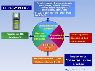 Cereali: frumento, frumento integrale,
avena, segale, farina di frumento,
glutine, miglio, lievito per la
panificazione, cicoria, fibre
Diluizioni: 4CH, 6CH, 9CH, 12CH, 15CH,
20CH, 24CH
Natrium carbonicum D1, D10
Natrium sulfuricum D6, D8
• Carbo vegetabilis
D8, D10, D12, D15
• Eichhornia D2
Pankreas suis 4CH
Amylase 4CH
ALLERGY PLEX 7
Desensibilizzazione
specifica
Sostegno
dell’attività
enzimatica
Predisposi
zione
Controllo della
sintomatologia
© Dipartimento Scientifico Guna S.p.a.
Importante:
Non somministrare
ai celiaci
 