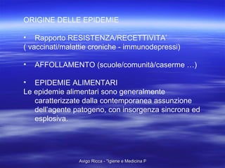 ORIGINE DELLE EPIDEMIE Rapporto RESISTENZA/RECETTIVITA’ ( vaccinati/malattie croniche - immunodepressi) AFFOLLAMENTO (scuole/comunità/caserme …) EPIDEMIE ALIMENTARI  Le epidemie alimentari sono generalmente caratterizzate dalla contemporanea assunzione dell’agente patogeno, con insorgenza sincrona ed esplosiva. 