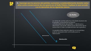 D
3.- Suponga que los precios del petróleo aumentan considerablemente durante varios
años como consecuencia de una guerra en el Golfo Pérsico. Explique lo que sucede
con la demanda de los siguientes bienes.
a) Autos.
Disminución
La venta de coches está muy vinculada al precio de
la gasolina, al aumentar los precios
considerablemente del petróleo → disminuye su
demanda y por ende, disminuye la demanda de los
autos al ser un bien complementario de la gasolina.
La gasolina tiene relación directa con el petróleo,
pues es necesario este commodity para su
fabricación.
 