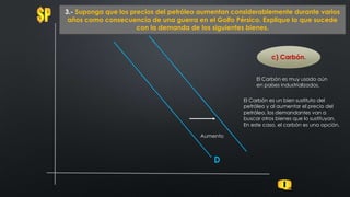 D
3.- Suponga que los precios del petróleo aumentan considerablemente durante varios
años como consecuencia de una guerra en el Golfo Pérsico. Explique lo que sucede
con la demanda de los siguientes bienes.
c) Carbón.
El Carbón es muy usado aún
en países industrializados.
Aumento
El Carbón es un bien sustituto del
petróleo y al aumentar el precio del
petróleo, los demandantes van a
buscar otros bienes que lo sustituyan.
En este caso, el carbón es una opción.
 