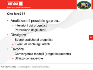 Milano, 20-22 ottobre - Fieramilanocity
25
Che fare???
• Analizzare il possibile gap tra…
– Intenzioni dei progettisti
– Percezione degli utenti
• Divulgare
– Buone pratiche ai progettisti
– Eventuali rischi agli utenti
• Favorire
– Convergenza modelli (progettista/utente)
– Utilizzo consapevole
Roberto Castaldo - r.castaldo@iol.it - tantorumorepernulla.it
 