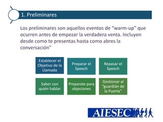 1. Preliminares

Los preliminares son aquellos eventos de “warm-up” que
ocurren antes de empezar la verdadera venta. Incluyen
desde como te presentas hasta como abres la
conversación”

       Establecer el
       Objetivo de la    Preparar el      Repasar el
         Llamada           Speech          Speech


                                         Gestionar al
        Saber con       Preparate para
                                         “guardián de
       quién hablar       objeciones
                                          la Puerta”
 
