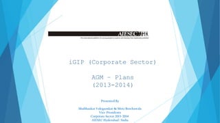 iGIP (Corporate Sector)
AGM – Plans
(2013-2014)
Presented By
Shubhankar Valegaonkar & Moiz Brochawala
Vice-Presidents
Corporate Sector 2013-2014
AIESEC Hyderabad | India

 