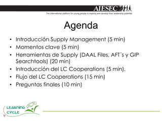 Agenda
• Introducción Supply Management (5 min)
• Momentos clave (5 min)
• Herramientas de Supply (DAAL Files, AFT´s y GIP
  Searchtools) (20 min)
• Introducción del LC Cooperations (5 min).
• Flujo del LC Cooperations (15 min)
• Preguntas finales (10 min)
 