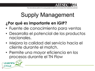 Supply Management
¿Por qué es importante en iGIP?
• Fuente de conocimiento para ventas
• Desarrolla el potencial de los productos
  nacionales.
• Mejora la calidad del servicio hacia el
  cliente durante el match.
• Permite una mayor eficiencia en los
  procesos durante el TN Flow
 