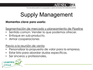 Supply Management
Momentos clave para usarlo:

Segmentación de mercado y planeamiento de Pipeline
• Sentido común: Vender lo que podemos ofrecer.
• Enfoque en sub-producto.
• Armar cooperaciones

Previo a la reunión de venta
• Personalizar la propuesta de valor para la empresa.
• Estar listo para abordar dudas específicas.
• Ser sinceros y profesionales.
 