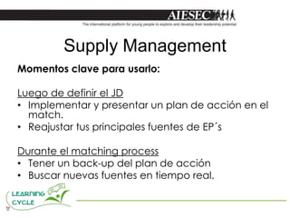 Supply Management
Momentos clave para usarlo:

Luego de definir el JD
• Implementar y presentar un plan de acción en el
  match.
• Reajustar tus principales fuentes de EP´s

Durante el matching process
• Tener un back-up del plan de acción
• Buscar nuevas fuentes en tiempo real.
 